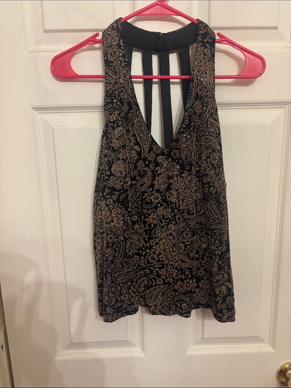 Xscape Black Tank Top with Metallic Gold Paisley Print